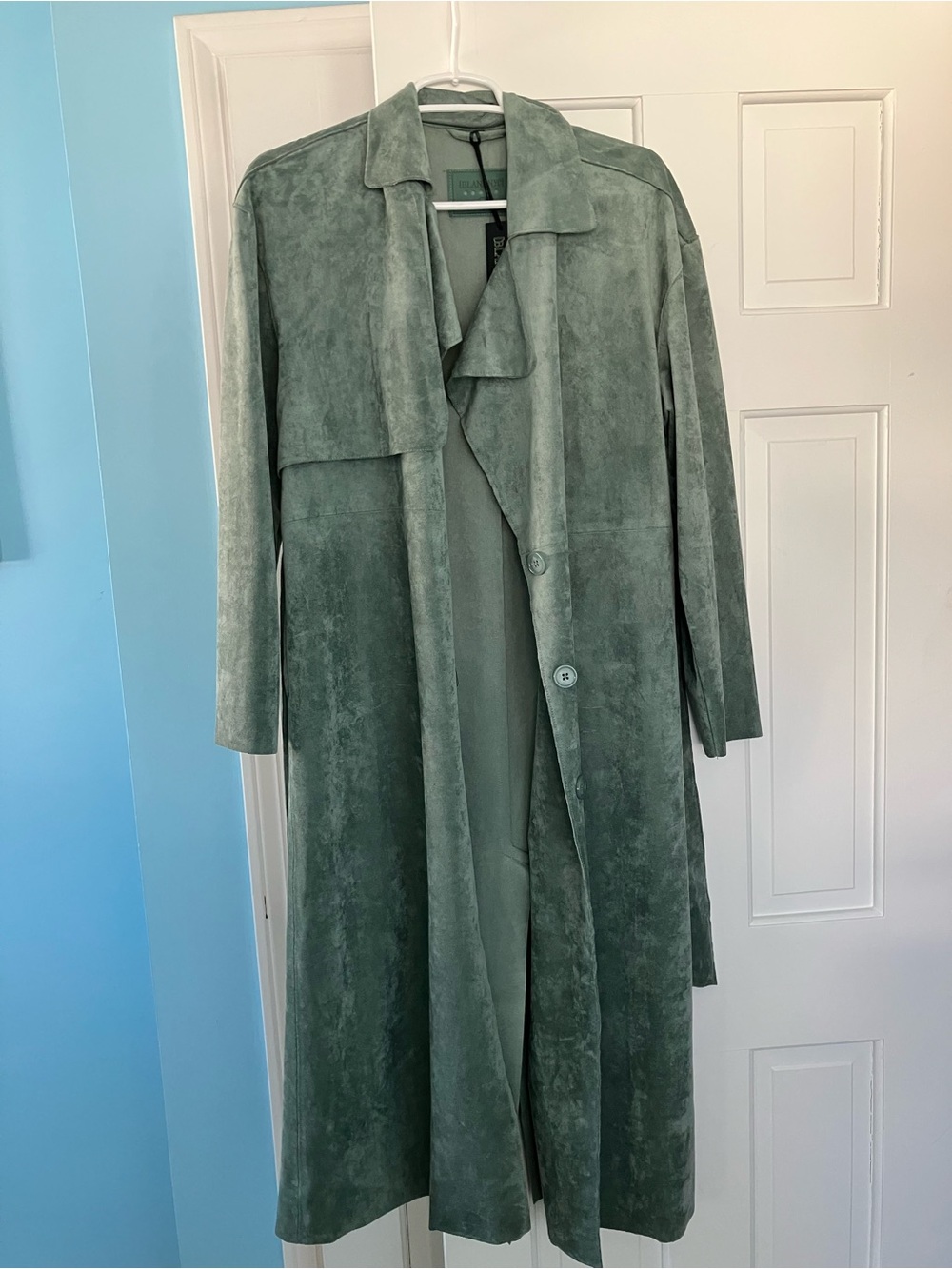 Blank NYC Long Green Vegan Suede Trench Coat